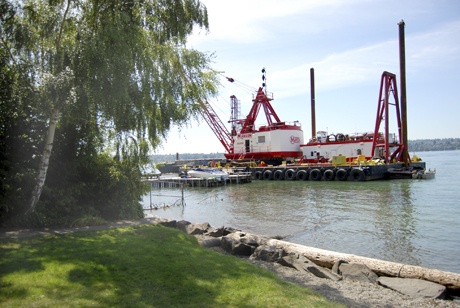The Mason Construction barge has moved south to Slater Park as work continues on the city’s Sewer Lakeline project. The park is still open to the public. Proctor Landing