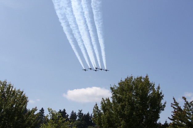 The U.S. Navy Blue Angels fly over Mercer Island during practice on Thursday