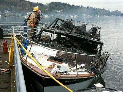 A photo capturing the aftermath of a Lake Washington boat fire between Bellevue and Mercer Island.