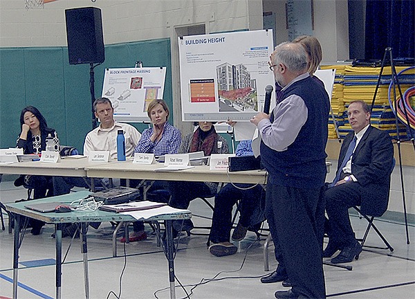 Development Services Group Director Scott Greenberg explains some of the proposed changes in Town Center building height limits at a public hearing on Jan. 20.