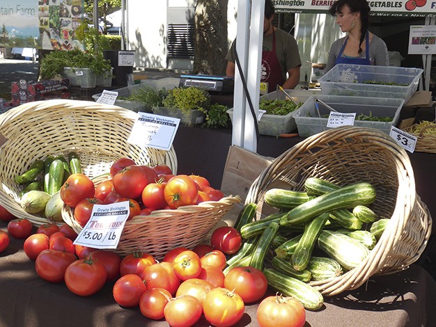 Bright colors spill from baskets of tomatoes