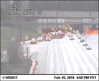 As of 4:50 p.m. today an accident was blocking the right hand land of eastbound I-90 in Seattle.