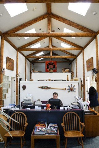 The interior of the Island Crest Lodge building is filled with Native American art pieces.