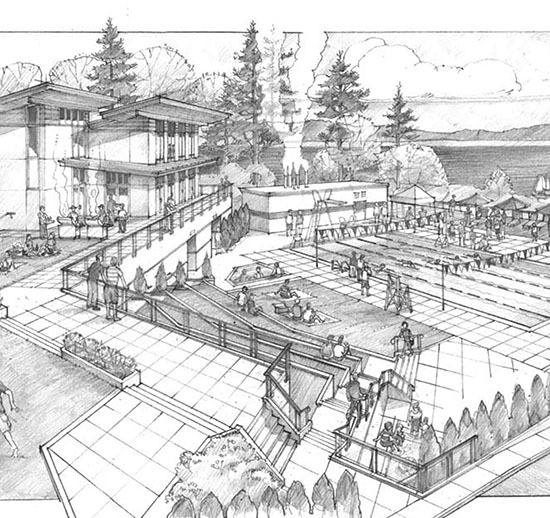 This artist’s rendering of the new clubhouse and outdoor space includes a larger outside recreational plaza. The new clubhouse is expected to be finished in 2015.