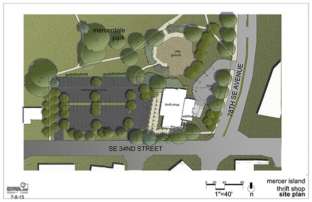 This drawing by Mercer Island city staff shows the second version of a design to expand the Youth and Family Services Thrift Shop and to deal with congestion caused by shoppers and donation drop-offs at S.E. 32nd Street and 78th Avenue S.E. The city hopes to bring in even more money from the successful shop in order to fully fund the city’s YFS Department.