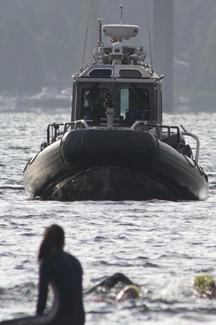 The Mercer Island Police Department’s Marine Patrol watches over swimmers during the Escape from the Rock triathlon in mid-September.