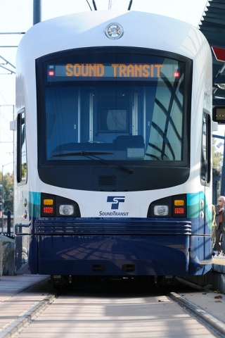 A rail car waits at Othello Station before a demonstration of Sound Transit's Link light rail project for Sen. Patty Murray