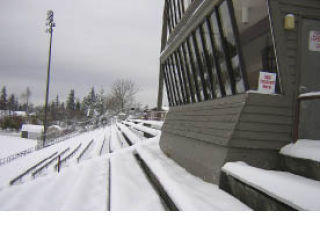 Islander stadium is covered in snow Sunday morning as up to 10 inches fell.