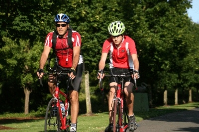 Father Peter Goldstein and his 14-year-old son Max get their laps in before the STP ride on July 11.