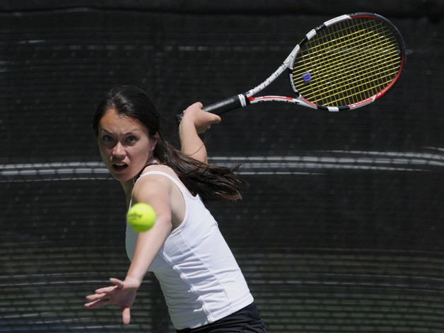 Islander Chelsea Bailey prepares to hit during Sea-King district tournament play at Lower Woodlawn Tennis Courts in Seattle on Wednesday