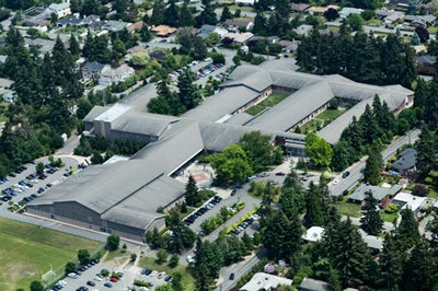 An aerial shot looks down on Mercer Island High School