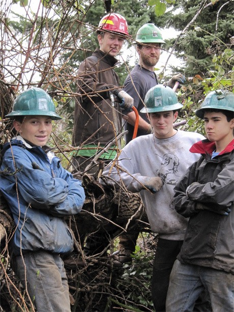 Mountains to Sound Greenway volunteers who helped with trail construction in Luther Burbank Park on Saturday