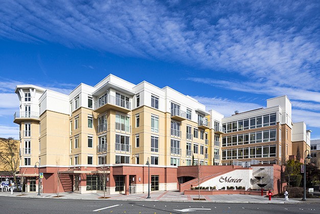 The new Mercer West luxury apartments opened in February and are already more than 50 percent leased.  General contractor Synergy Construction designed the fountain and sign seen in front of the building.