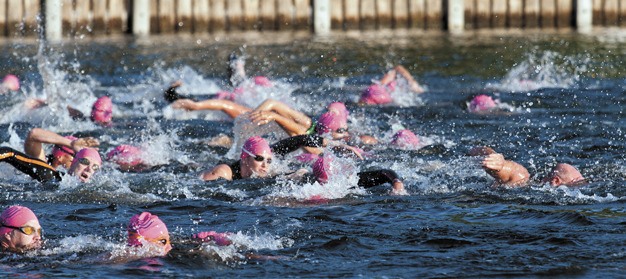 The start of the 2011 Swim Across America Seattle Open Water Swim features hundreds of swimmers sporting pink caps. This year's even will take place on Sept. 8.