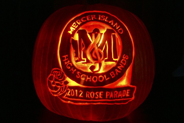 Mercer Island dad Dave Eckert carved this pumpkin in honor of the Mercer Island High School marching band’s trip to play and march in the 2012 Rose Parade this winter. After performing last year on New Year’s Day in London