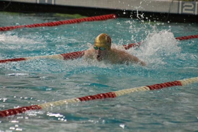 Karl MacLane swims in the 100 butterfly during the SeaKing district meet on Saturday