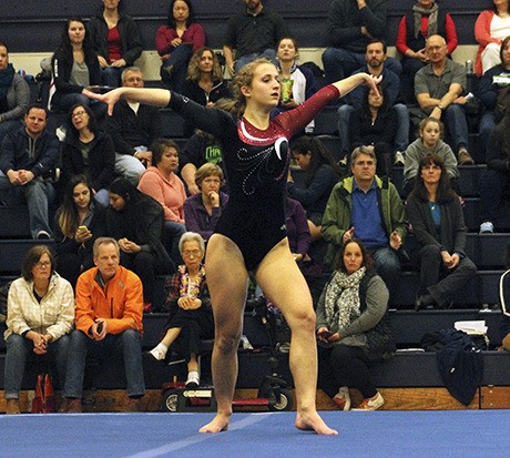 Mercer Island’s Cece Belady performs her floor routine at the 2A/3A KingCo tournament Saturday
