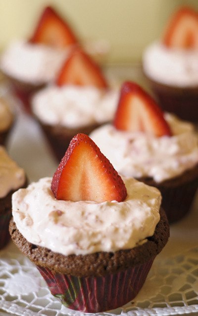 Chocolate brownie cupcakes make a great focal point on a dessert tray