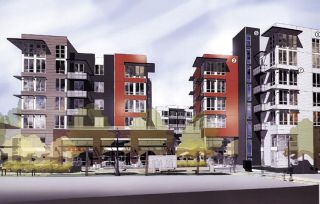 Rendering courtesy of Mithun This artist’s rendering is a view from 76th Avenue S.E. facing west toward a new multi-use structure to be built on the old Safeway site planned for completion next year. The five-story project will include over 160 apartments