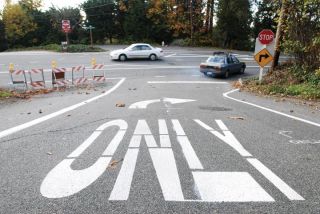 Chad Coleman/Mercer Island Reporter Re-striping restricts drivers to a right-turn-only from S.E. 44th Street onto Island Crest Way.