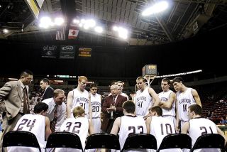 Chad Coleman/Mercer Island Reporter The Mercer Island High School boys basketball team searches for answers during a time-out.