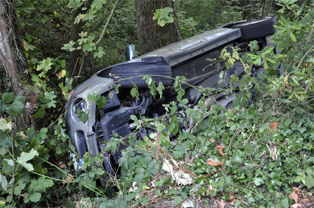 A Subaru Outback went off the road near the top of Gallagher Hill after 4:10 p.m. on Friday