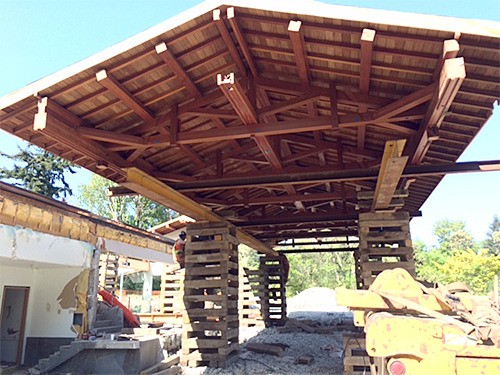 The pool house roof of the Coval house will be preserved and reused in the grand lobby of the Mercer Island Center for the Arts.