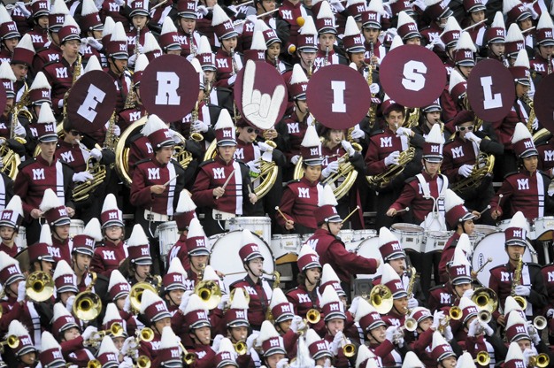 The Islanders marching band performs during a football game against Newport at Mercer Island High School on a Friday night in September 2010.