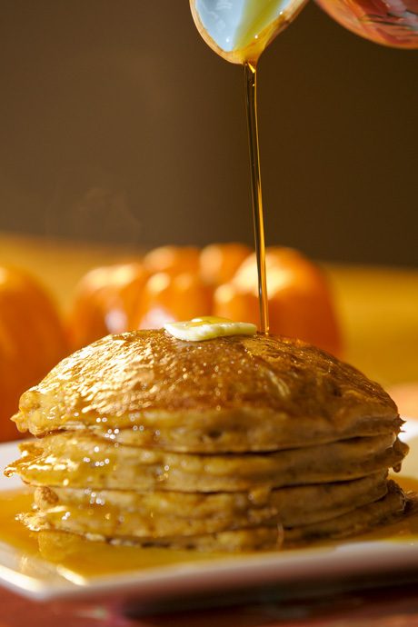 Pumpkin pancakes make the perfect autumn breakfast treat. They are best served with warm syrup and butter.
