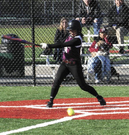 Islander senior Patti Chew swings for a foul ball during the Mercer Island softball team's first game of the season against Federal Way on Wednesday