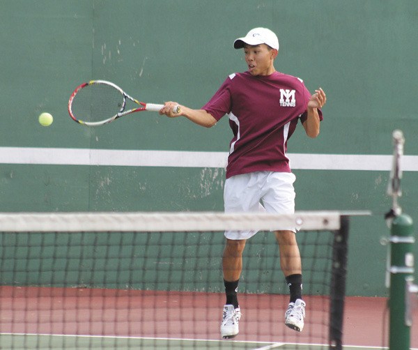 Sophomore Brian Hou returns a serve during the Islanders doubles home match against University Prep on Wednesday
