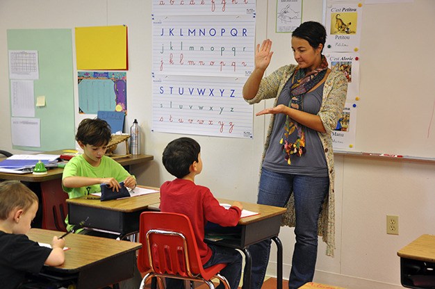 Cécile Chapel teaches first-grade students at the French American School of Puget Sound on Monday