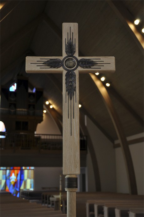 The new cross stands tall at Holy Trinity Lutheran Church on Oct. 1. It replaces the one stolen from the church last year.