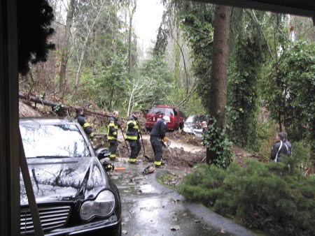 A mudslide in the 5700 block of West Mercer Way went over a retaining wall and pushed two cars up against a tree