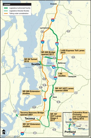This WSDOT map shows areas where tolling is already in place