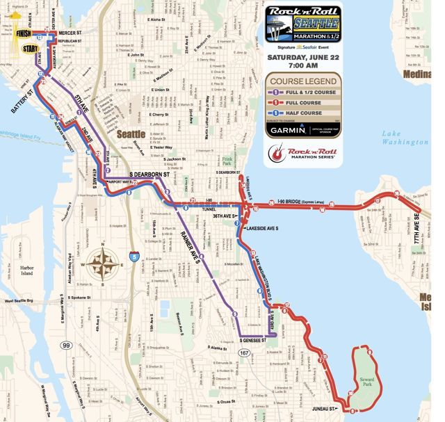 The Rock 'n' Roll Seattle Marathon will close the I-90 express lanes between Mercer Island and Seattle for most of Saturday