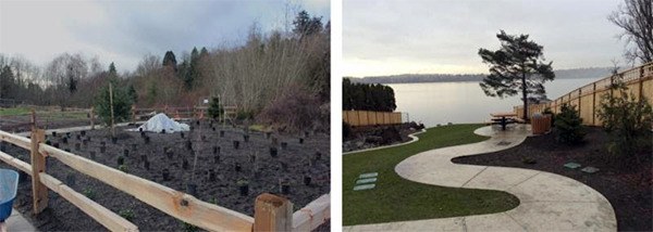 City crews have been working on restoration projects at Calkins Point (left) and Calkins Landing (right). Both should open later this spring.