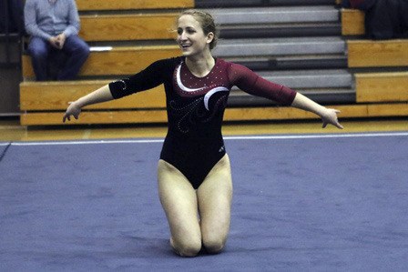 Mercer Island's Cece Belady performs her floor routine at the 3A Sea-King gymnastics championships Saturday