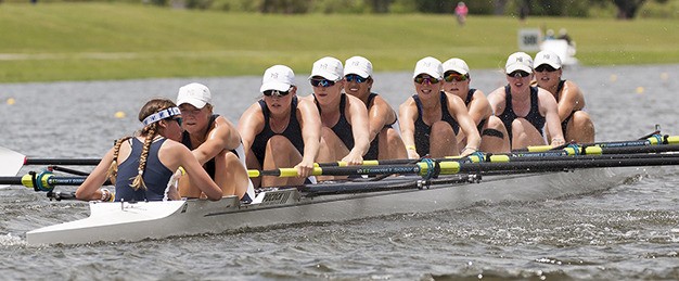 The Mount Baker Crew girls varsity eight competes in the grand final at the national championships on June 14. From left: Isabelle Gahard