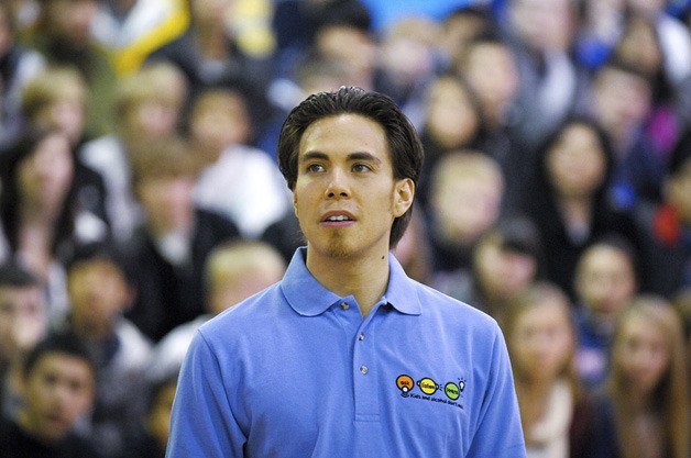 Apolo Ohno speaks at a school in Bellevue earlier in the year.