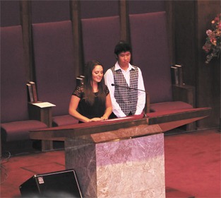 Emma Guthrie and Jeremy Chow speak during the baccalaureate ceremony at Herzl-Ner Tamid on Wednesday