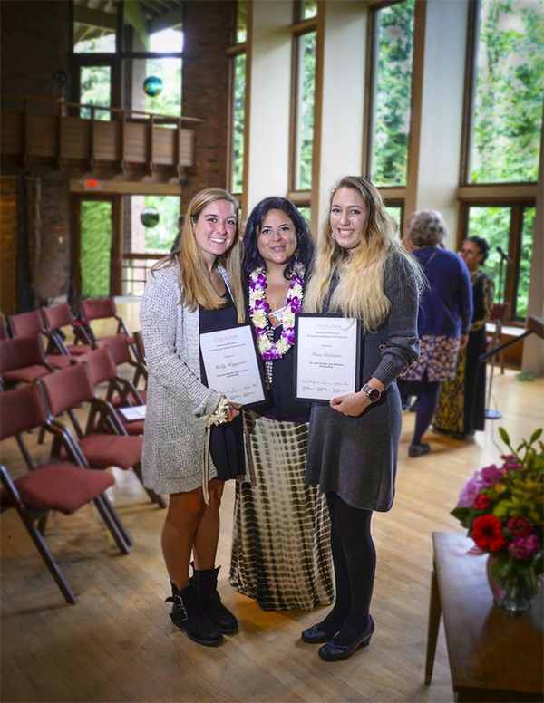 2016 Stanley Ann Dunham Scholarship winners Holly Waggoner (left) and Rose Guttman pose with Dr. Maya Soetoro-Ng at Mercer Island Congregational Church on May 21.