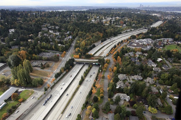 The Washington State Department of Transportation and the City of Bellevue survey the proposed light rail route over north Mercer Island