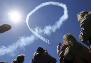 The Blue Angels rehearse their aerial performance over Lake Washington in this view from the I-90 bridge on Mercer Island