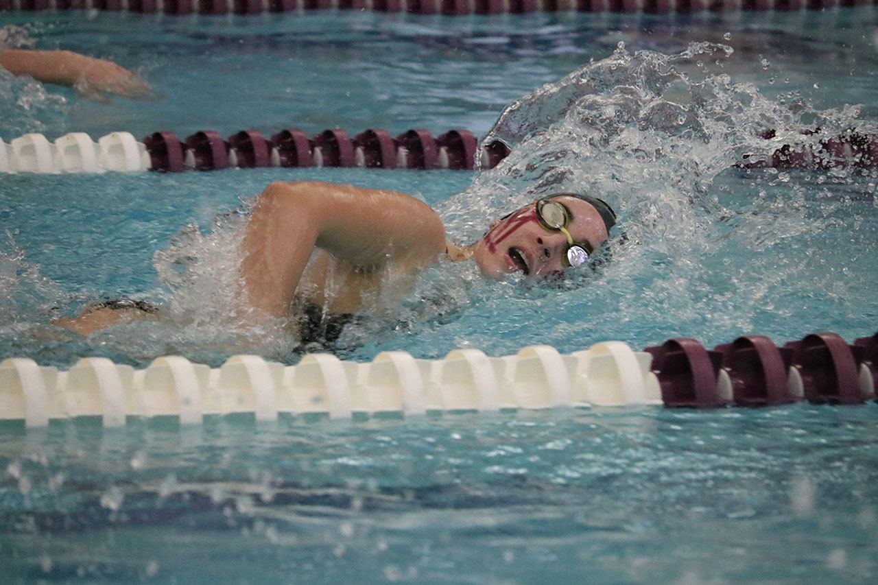Mercer Island’s Ellie Williams competes in the 100 free at the KingCo championships Saturday at Kamiak High School. Williams placed ninth with a time of 55.8 (Joe Livarchik/staff photo).
