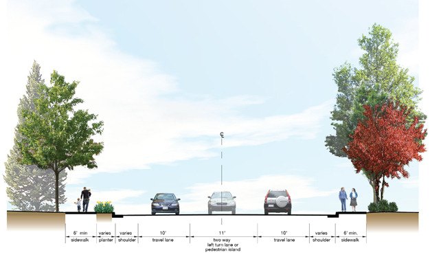 This typical cross section shows road lane widths planned for Island Crest Way. Driving lanes will be 10 feet wide