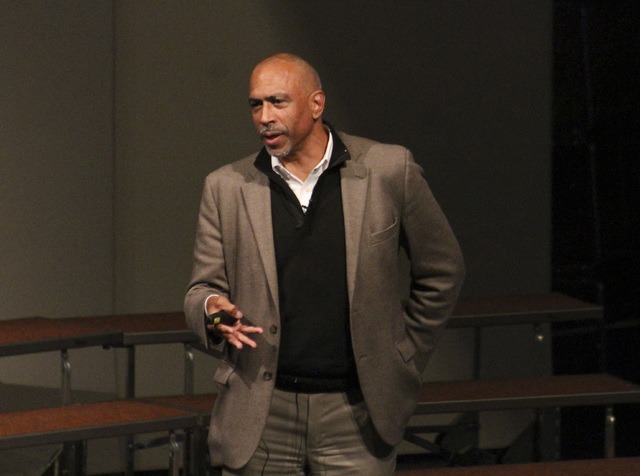 Joe Livarchik/staff photoDr. Pedro Noguera speaks to members of the Mercer Island community on “excellence through equity” March 23 at the Mercer Island High School Performing Arts Center.