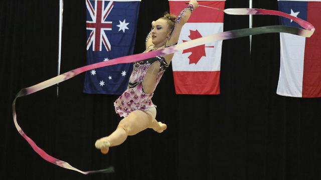 Keziah Oliver of New Zealand competes in the ribbon portion of the 2016 Pacific Rim Championships rhythmic gymnastics Saturday afternoon at Everett Community College in Everett (Kevin Clark / The Daily Herald).