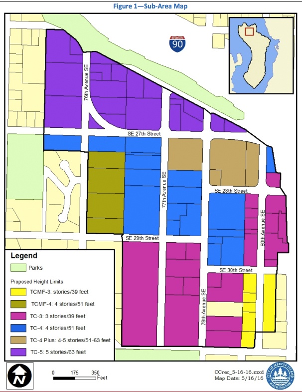 This subarea map shows the maximum building heights in Mercer Island's Town Center (five north of Southeast 27th Street
