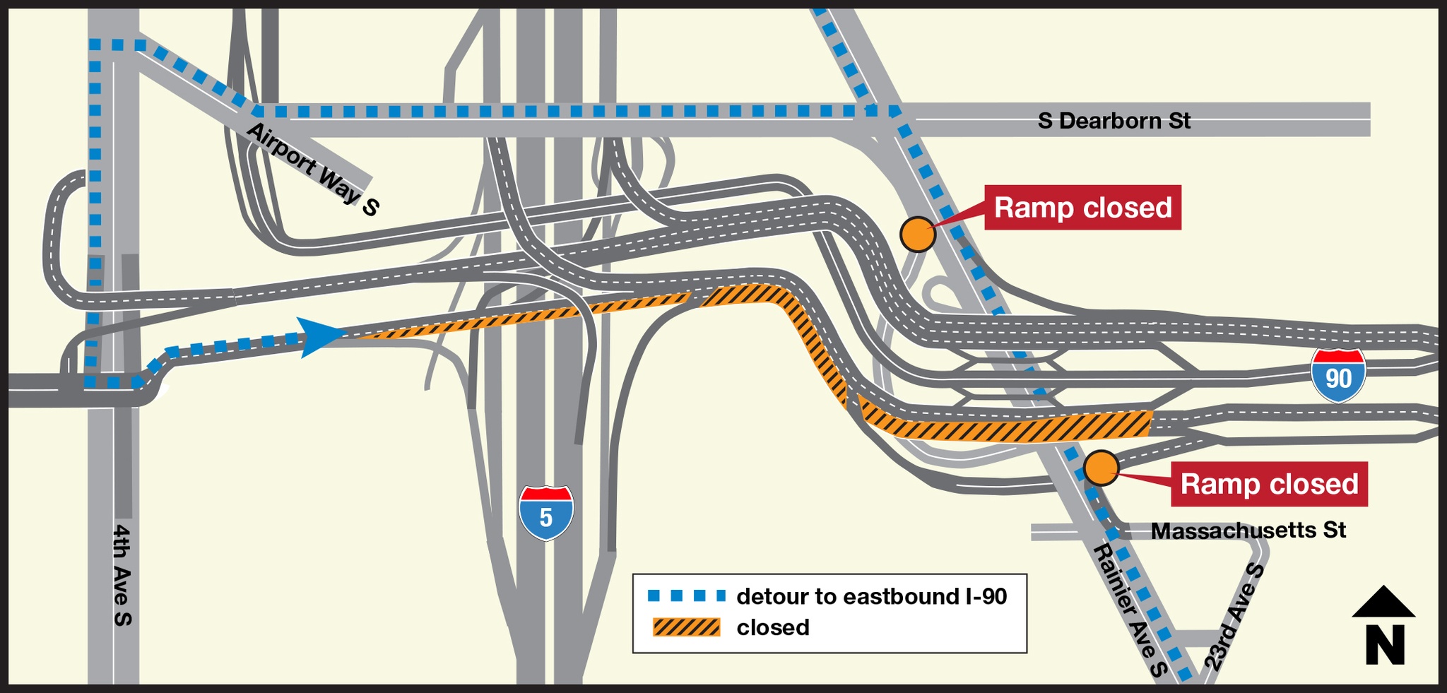 Eastbound I-90 will be down to one lane and detoured to the express lanes from 11 p.m. on Friday
